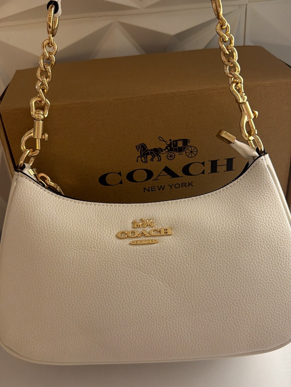 COACH Chalk Pebbled Leather Shoulder Bag with Gold Chain